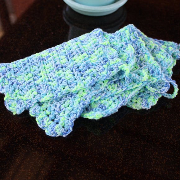 NEW 3 COTTON Washcloths Blue Green w/ Loop Hand Crafted Yarn - Picture 7 of 8
